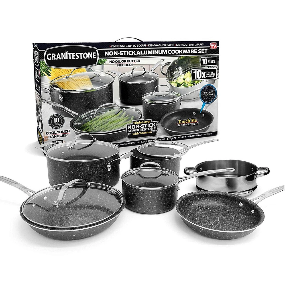 GraniteStone 10-Piece Nonstick Cookware Set, Scratch-Resistant, Granite-coated Anodized Aluminum, Dishwasher-Safe, PFOA-Free As Seen On TV