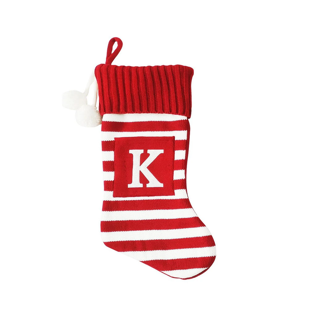 ﻿Holiday Time 19 inches Knit Monogram Stocking with letter "K", Red/White Striped