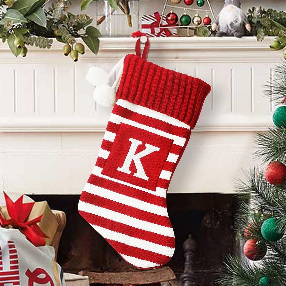 ﻿Holiday Time 19 inches Knit Monogram Stocking with letter "K", Red/White Striped