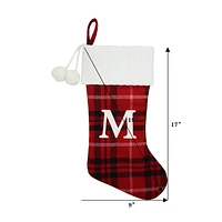 ﻿Holiday Time 19 inches Red/Black/White Plaid Monogram Stocking with letter "M"