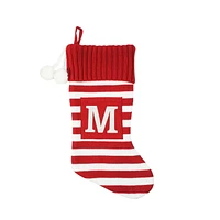 Holiday Time 19 inches Knit Monogram Stocking with letter "M", Red/White Striped