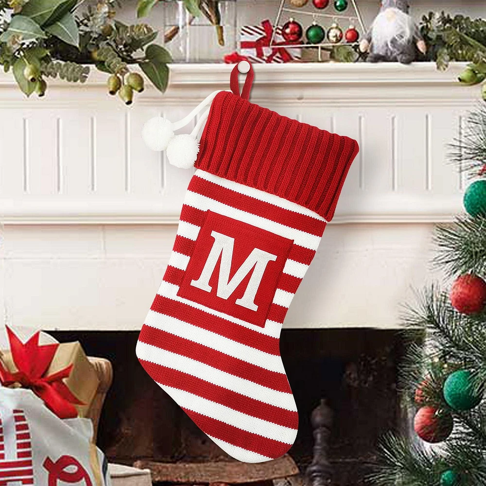 Holiday Time 19 inches Knit Monogram Stocking with letter "M", Red/White Striped