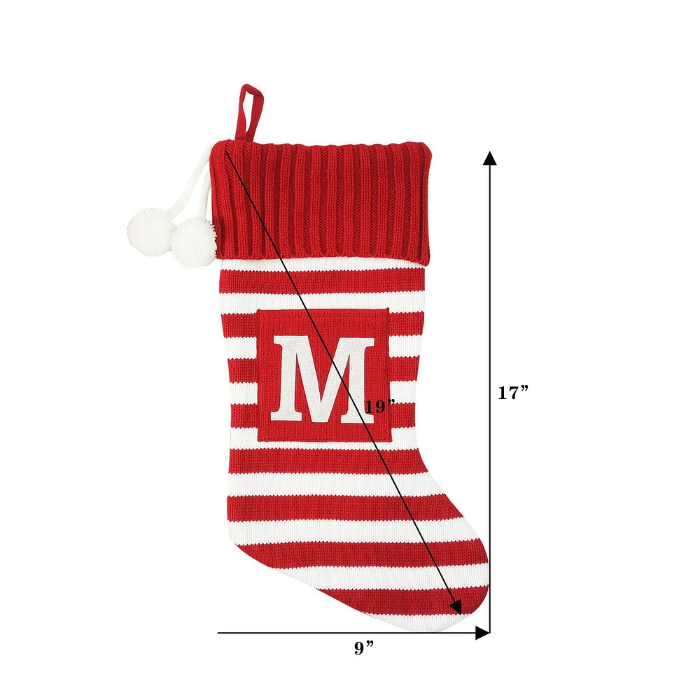 Holiday Time 19 inches Knit Monogram Stocking with letter "M", Red/White Striped