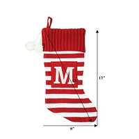 Holiday Time 19 inches Knit Monogram Stocking with letter "M", Red/White Striped