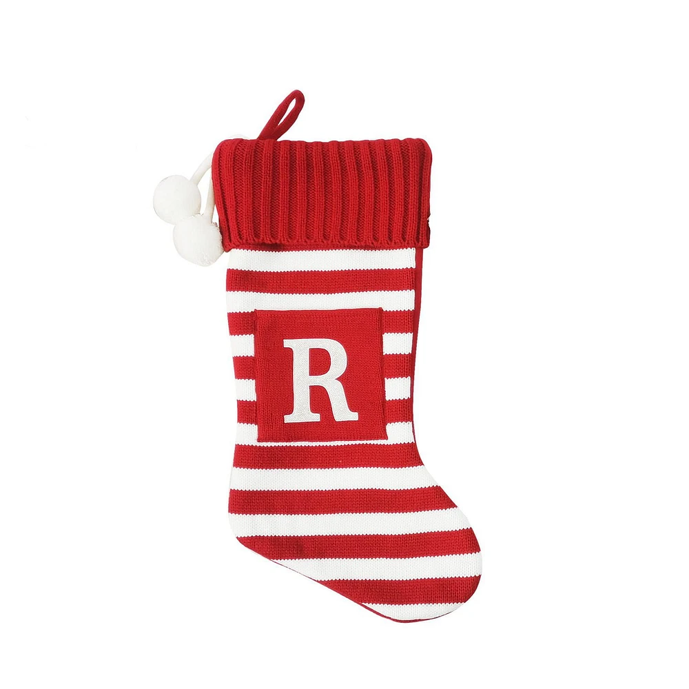 Holiday Time 19 inches Knit Monogram Stocking with letter "R", Red/White Striped