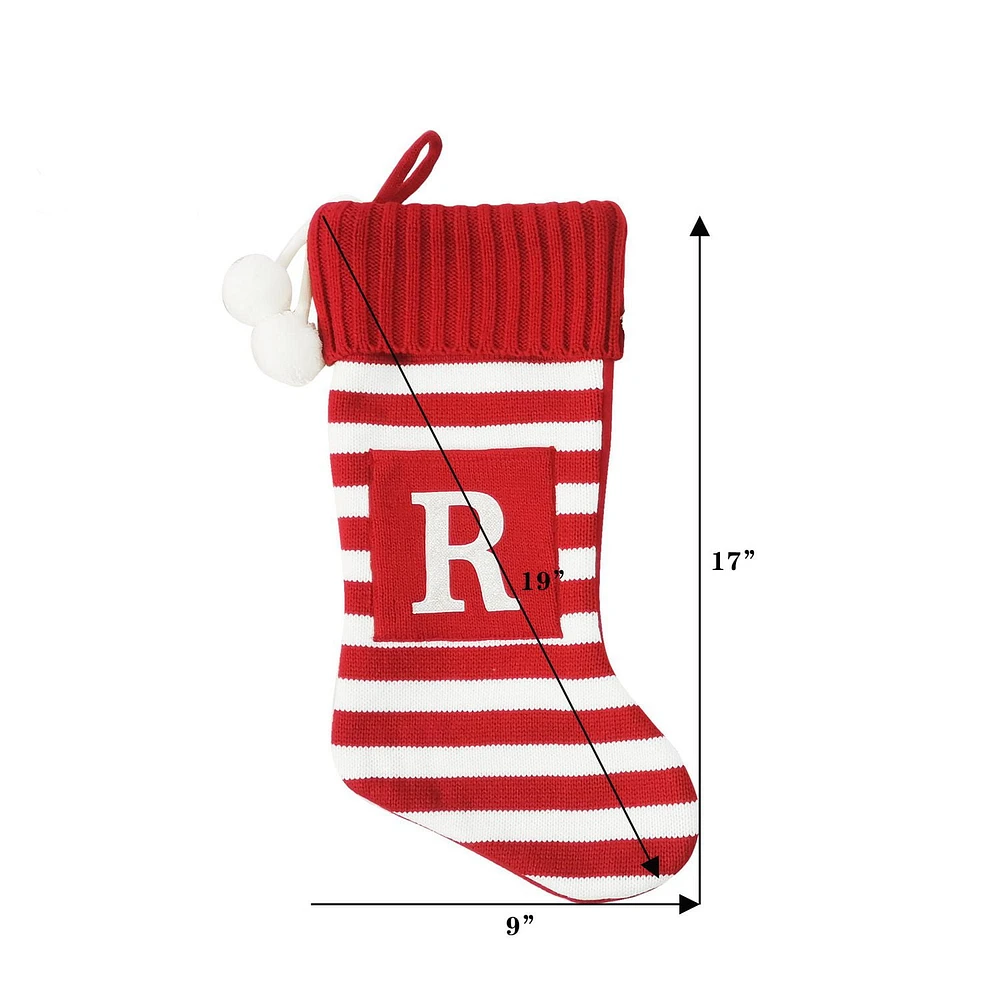 Holiday Time 19 inches Knit Monogram Stocking with letter "R", Red/White Striped