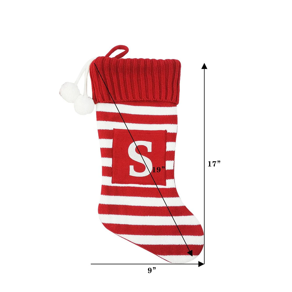 ﻿Holiday Time 19 inches Knit Monogram Stocking with letter "S", Red/White Striped