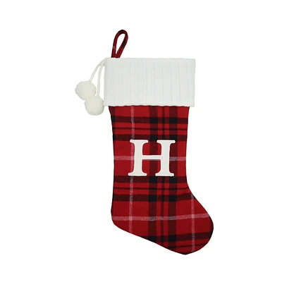 ﻿Holiday Time 19 inches Red/Black/White Plaid Monogram Stocking with letter "H"