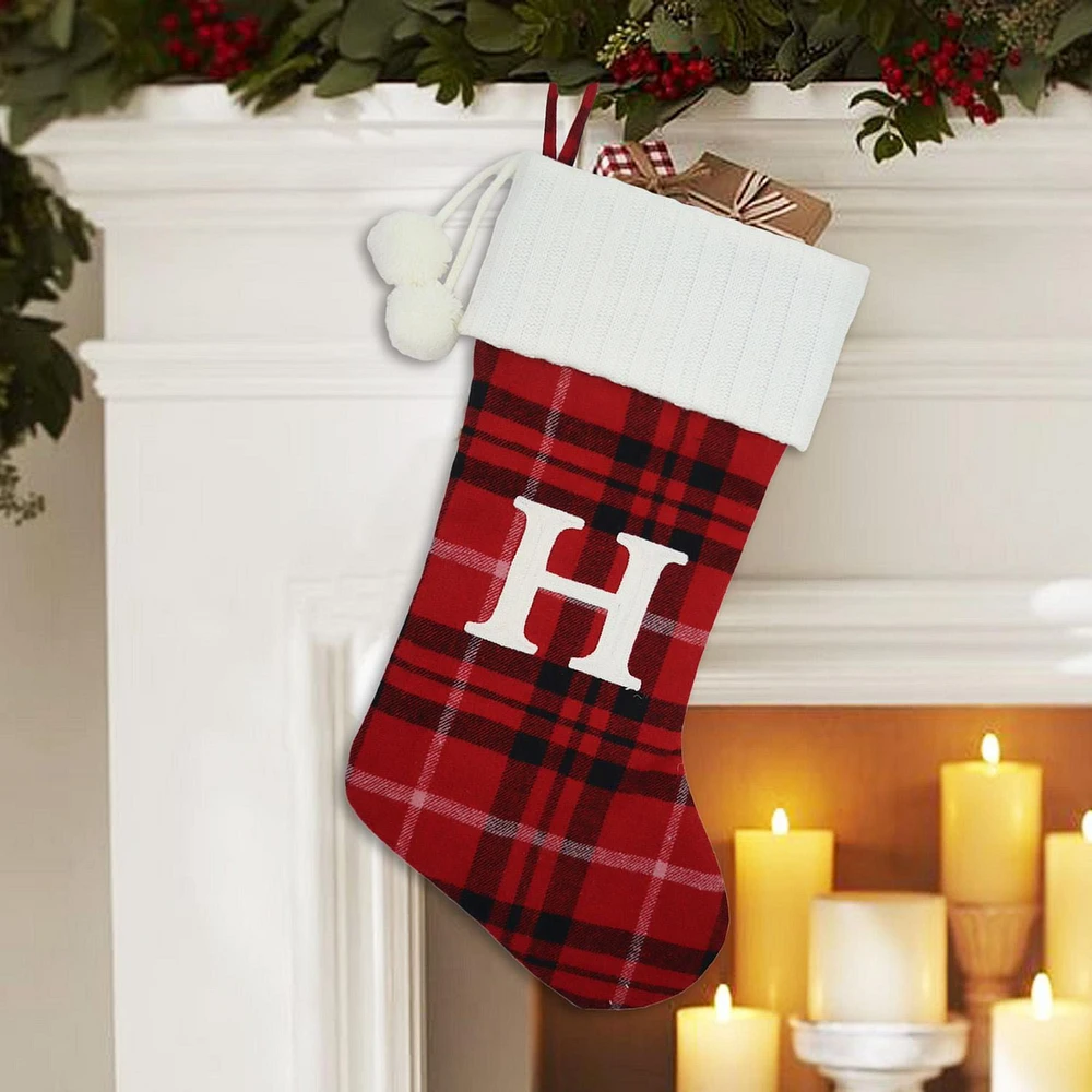 ﻿Holiday Time 19 inches Red/Black/White Plaid Monogram Stocking with letter "H"