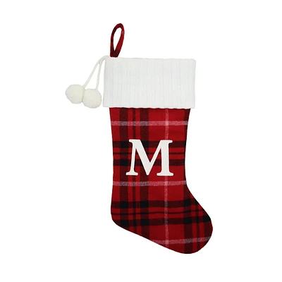 ﻿Holiday Time 19 inches Red/Black/White Plaid Monogram Stocking with letter "M"