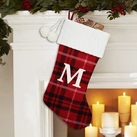 ﻿Holiday Time 19 inches Red/Black/White Plaid Monogram Stocking with letter "M"