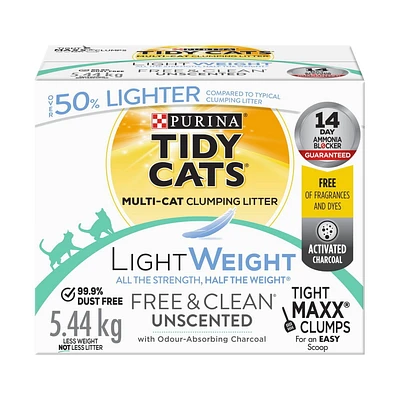 Tidy Cats LightWeight Free & Clean Unscented Multi-Cat, Clumping Cat Litter 5.44 kg, 5.44 kg