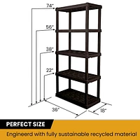 Hyper Tough 74"H x 18"D x 36"W 5 Shelf Plastic Garage Shelves, Pack of 2 Storage Shelving Unit, Black-750 Lbs Capacity