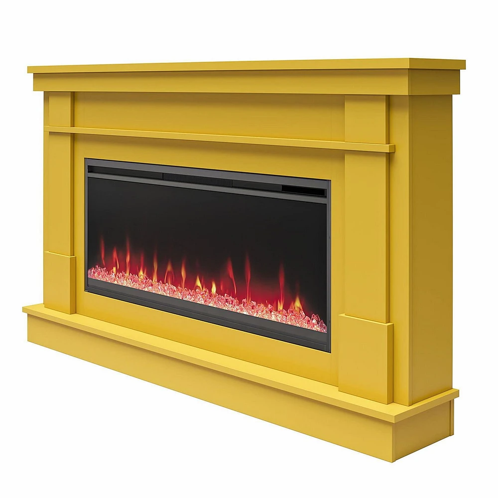 Novogratz Waverly Wide Mantel with Linear Electric Fireplace & Crystal Ember Bed, Mustard Yellow