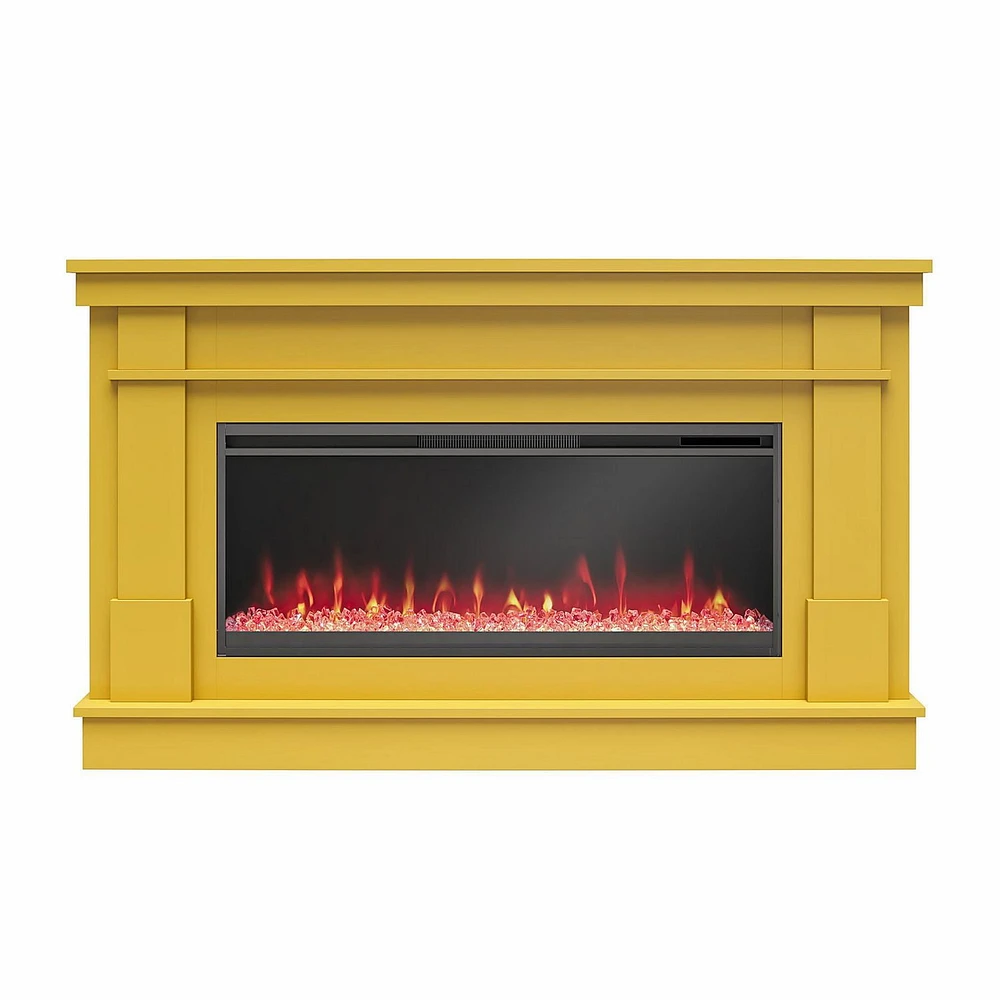 Novogratz Waverly Wide Mantel with Linear Electric Fireplace & Crystal Ember Bed, Mustard Yellow