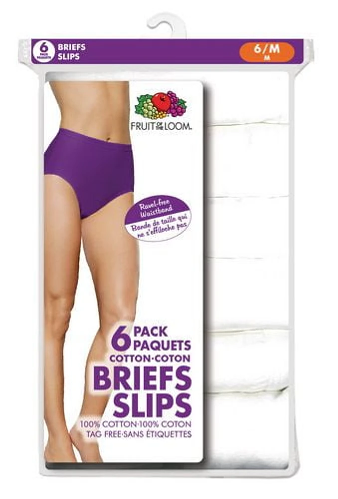 Fruit of the Loom Ladies White Cotton Briefs, 6-Pack