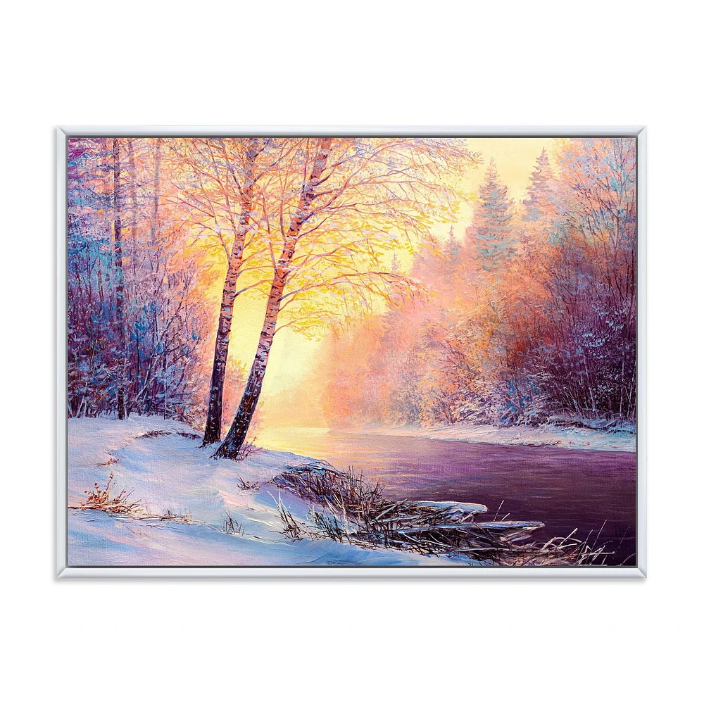 Designart Winter Scenery With Bridge Of Meandering River II FLOAT FRAME WALL ART