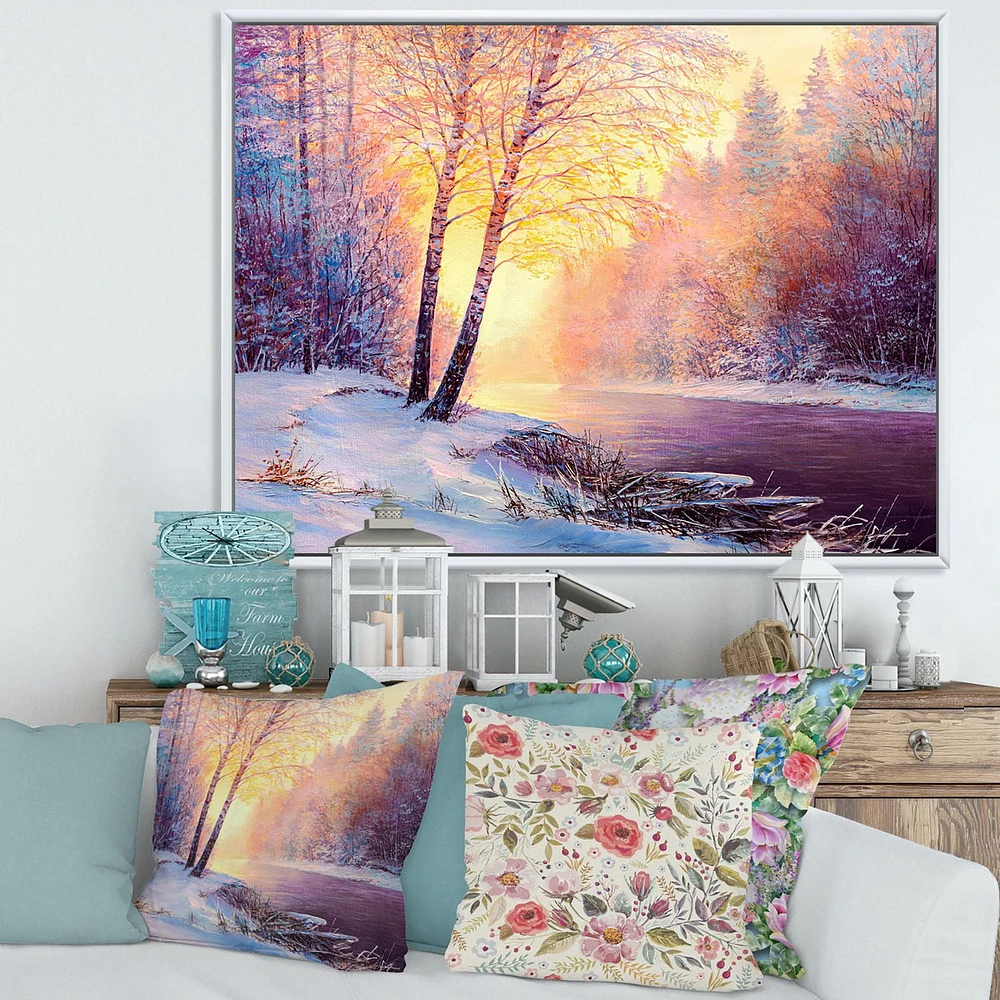 Designart Winter Scenery With Bridge Of Meandering River II FLOAT FRAME WALL ART