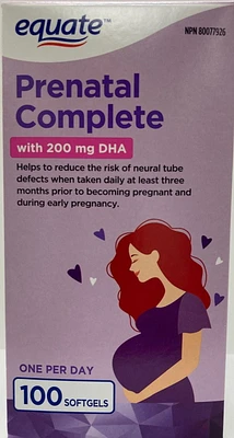 Equate Prenatal Complete with 200mg DHA, 100 Softgels, <br>One per day