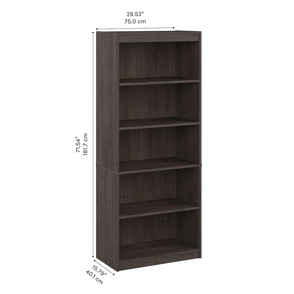 Bestar Logan 30W 5 Shelf Bookcase in medium gray maple