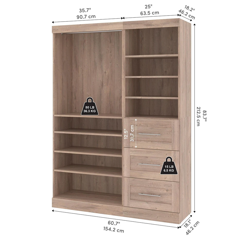 Bestar Pur 61W Closet Organizer in rustic brown