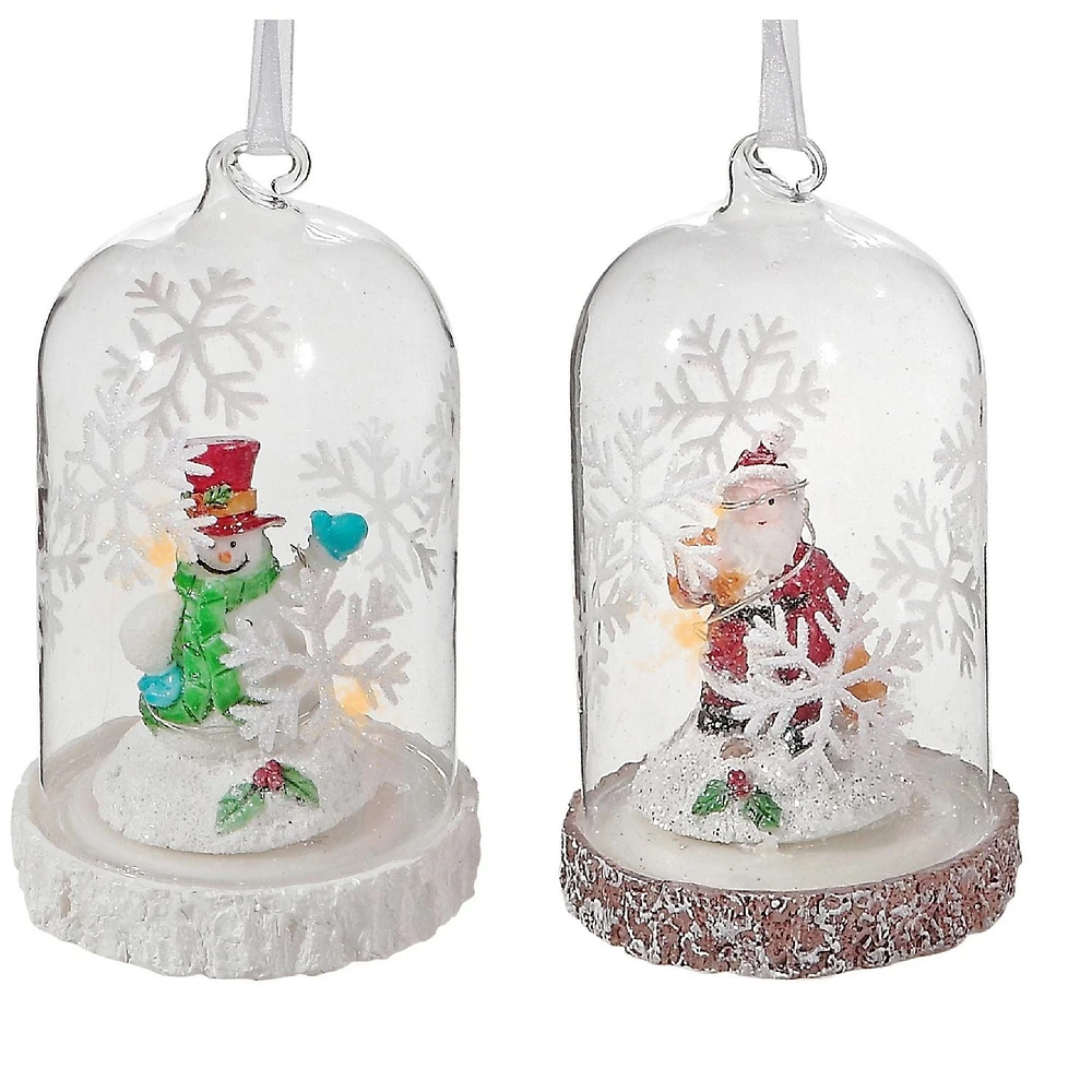 Led Glass Dome Ornament On Wood Base (Asstd) - Set of 2