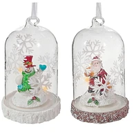 Led Glass Dome Ornament On Wood Base (Asstd) - Set of 2