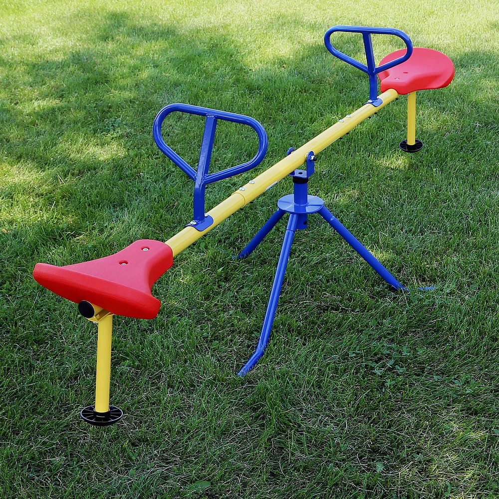 ACTIVPLAY Red, Yellow, Blue Swivel Teeter Totter, See Saw for Kids, Rust Resistant Powder Coated Steel Frame, Easy to Grasp Safety Handles