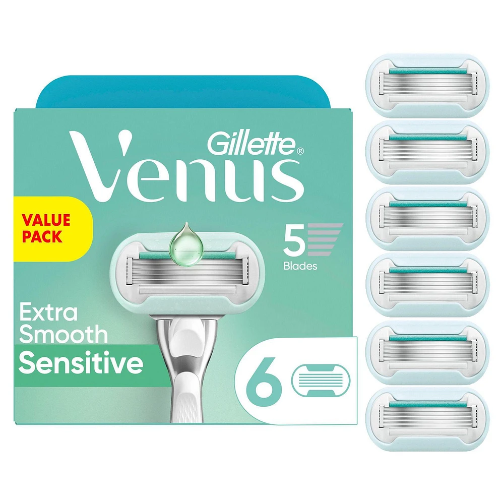 Gillette Venus Extra Smooth Sensitive Women’s Razor Blades for Sensitive Skin, 5-Bladed Razor Refills, 6CT