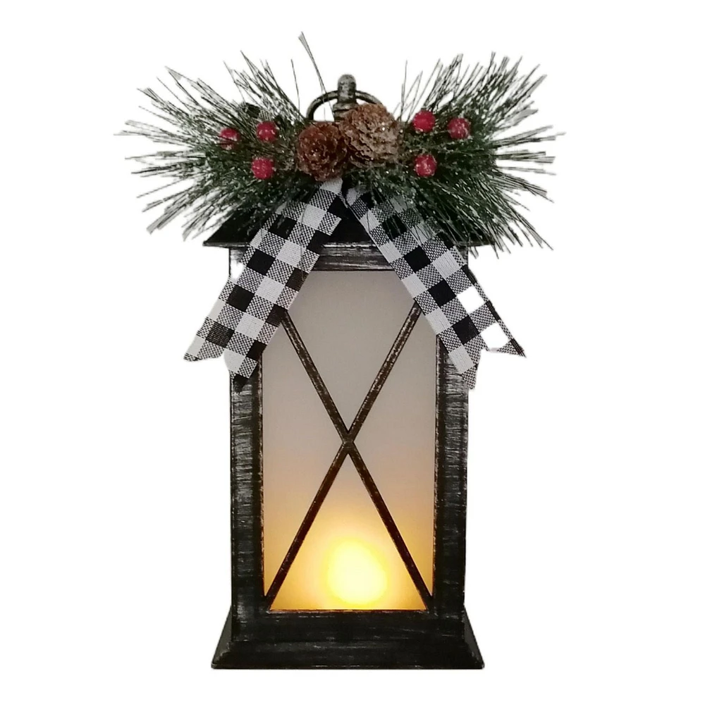 Flame Glow Christmas 12-inch Plastic LED Lantern, Black with Silver