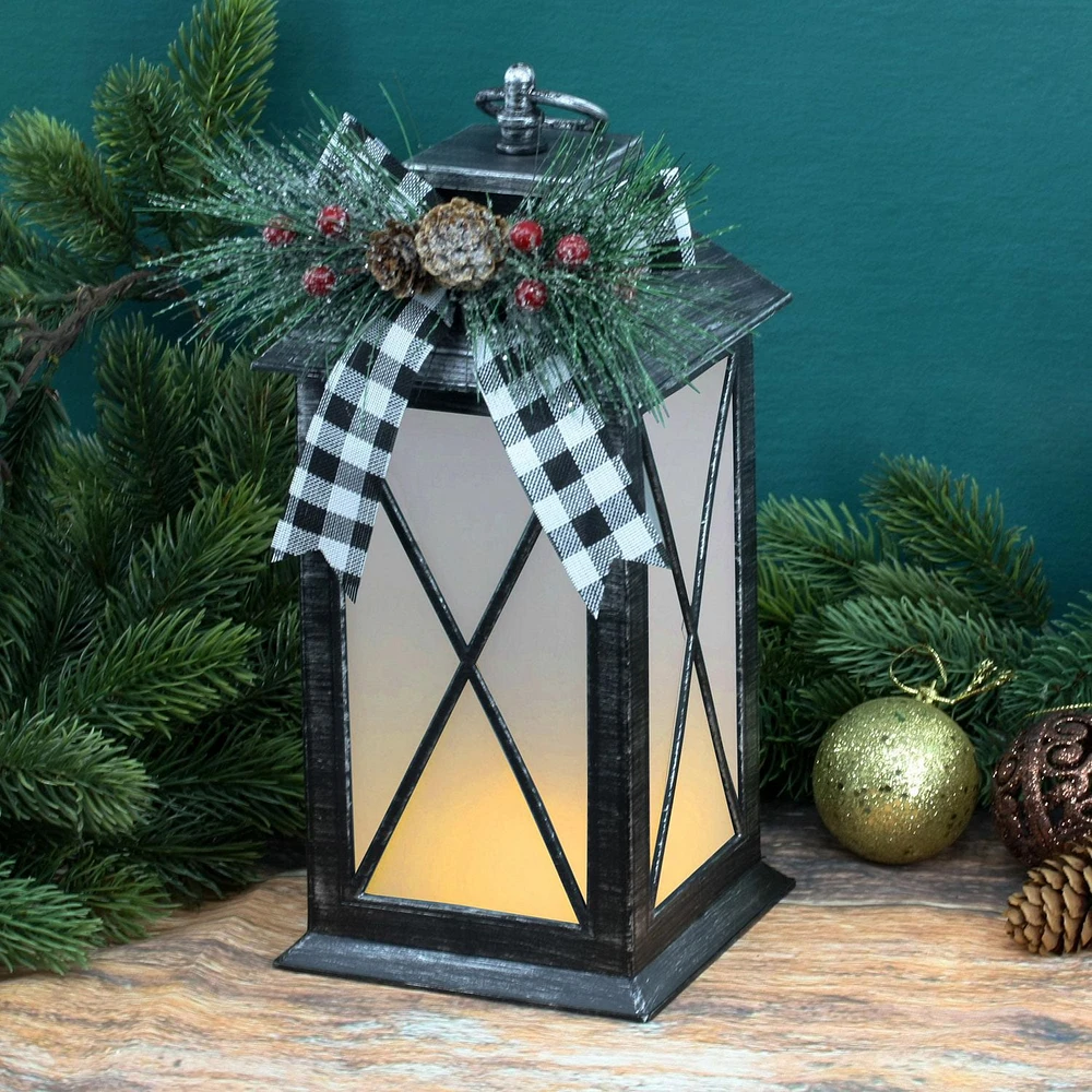 Flame Glow Christmas 12-inch Plastic LED Lantern, Black with Silver