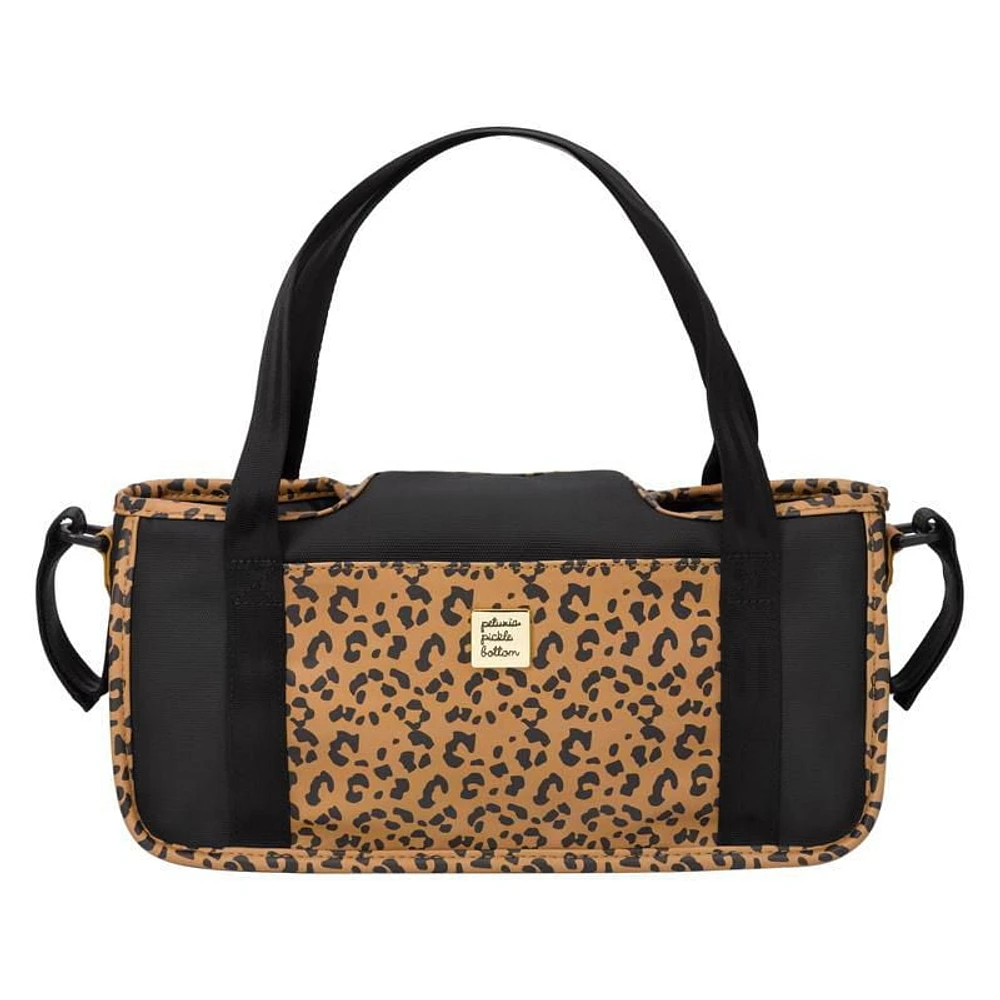 Petunia Pickle Bottom Wander Stroller Caddy in Leopard Leatherette - Velcro Adjustable - Easy to Clean - Cup/Bottle Holder - Phone Pocket - Shoulder to Stroller Straps