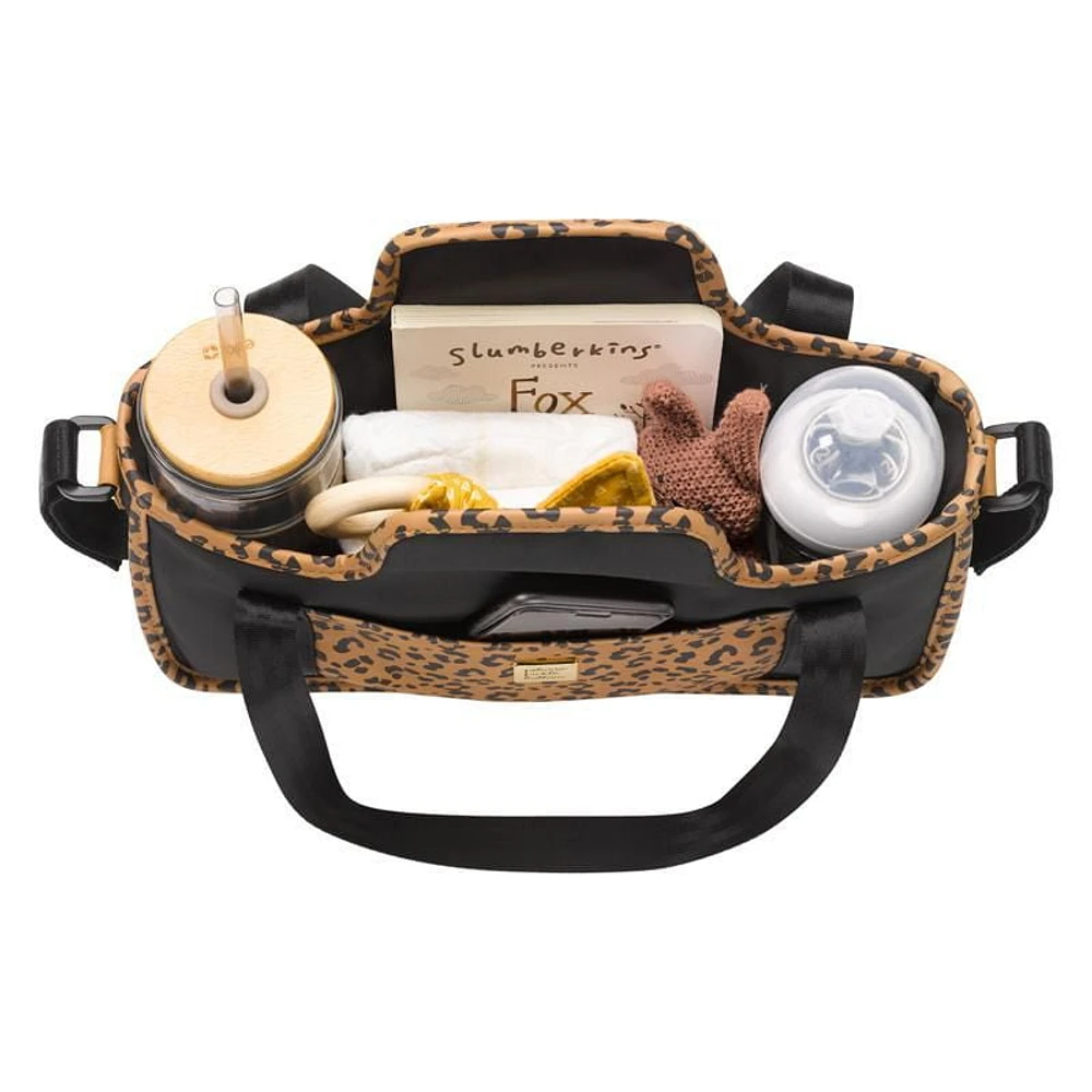 Petunia Pickle Bottom Wander Stroller Caddy in Leopard Leatherette - Velcro Adjustable - Easy to Clean - Cup/Bottle Holder - Phone Pocket - Shoulder to Stroller Straps