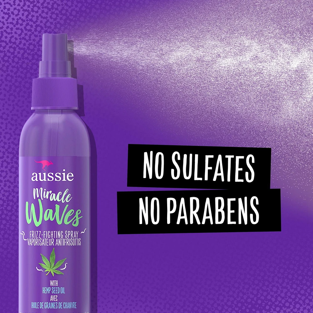 Vaporisateur anti-frisottis Aussie Miracle Waves à l’huile de graines de chanvre, sans parabènes, sans sulfates 5.7 oz liq.