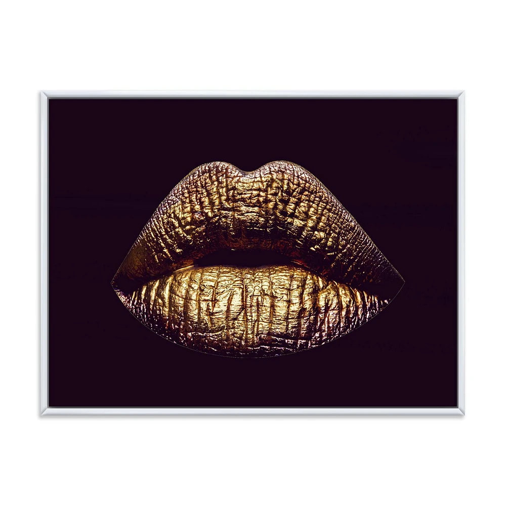 Designart Sexy Golden Metallized Female Lips II FLOAT FRAME WALL ART