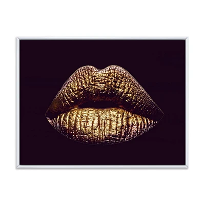 Designart Sexy Golden Metallized Female Lips II FLOAT FRAME WALL ART