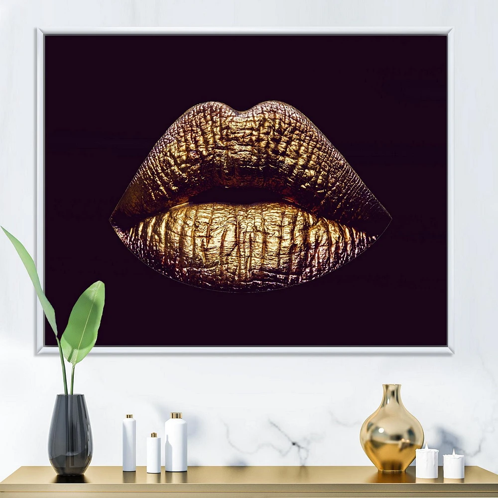 Designart Sexy Golden Metallized Female Lips II FLOAT FRAME WALL ART