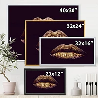 Designart Sexy Golden Metallized Female Lips II FLOAT FRAME WALL ART