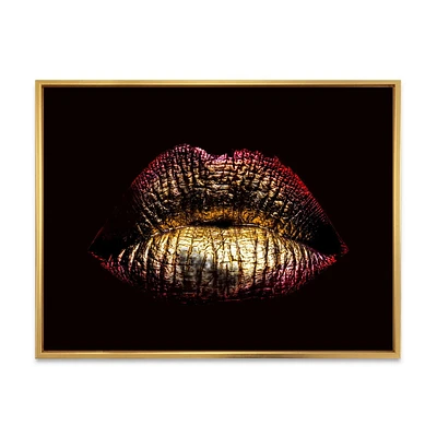 Designart Sexy Golden Metallized Female Lips IV FLOAT FRAME WALL ART