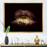 Designart Sexy Golden Metallized Female Lips IV FLOAT FRAME WALL ART