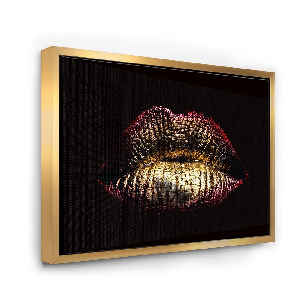 Designart Sexy Golden Metallized Female Lips IV FLOAT FRAME WALL ART