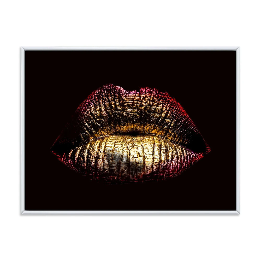 Designart Sexy Golden Metallized Female Lips IV FLOAT FRAME WALL ART