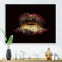 Designart Sexy Golden Metallized Female Lips IV FLOAT FRAME WALL ART