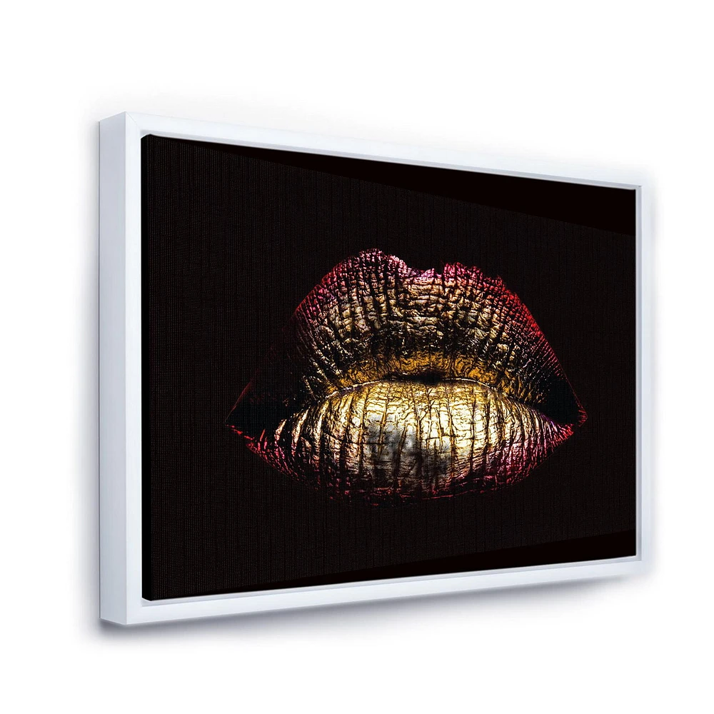 Designart Sexy Golden Metallized Female Lips IV FLOAT FRAME WALL ART