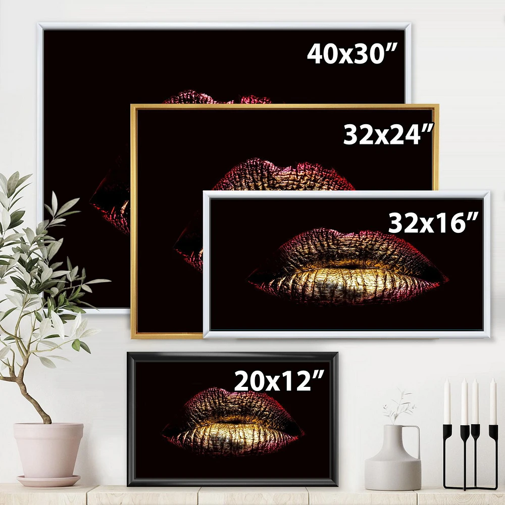 Designart Sexy Golden Metallized Female Lips IV FLOAT FRAME WALL ART