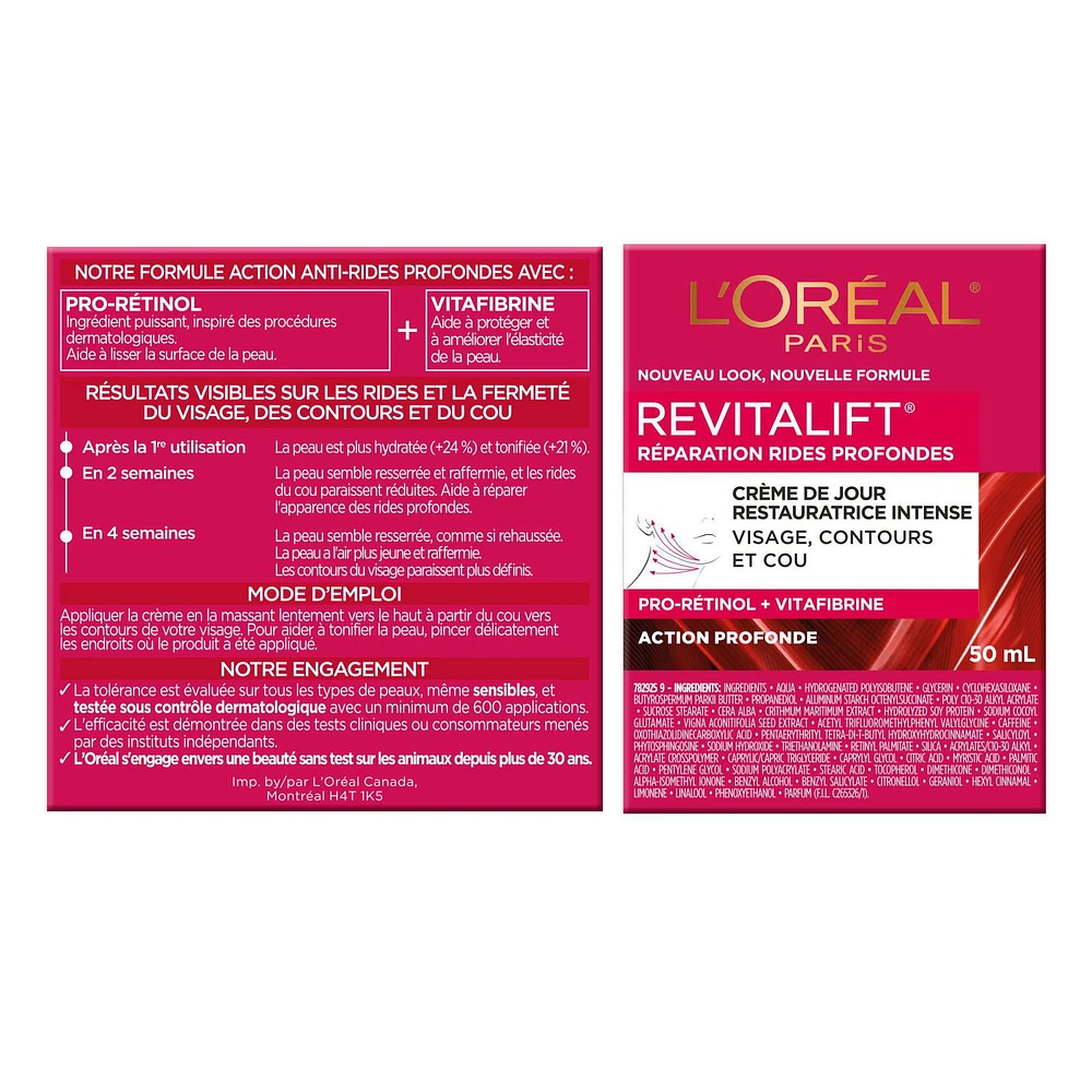 L'Oréal Paris Revitalift Hydratant Réparation Rides Profondes, Pro-Rétinol + Vitafibrine, 50 mL Crème de jour, 50ml