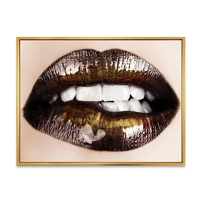 Designart Black Gold Lips Biting FLOAT FRAME WALL ART