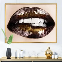 Designart Black Gold Lips Biting FLOAT FRAME WALL ART