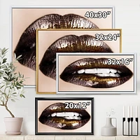 Designart Black Gold Lips Biting FLOAT FRAME WALL ART