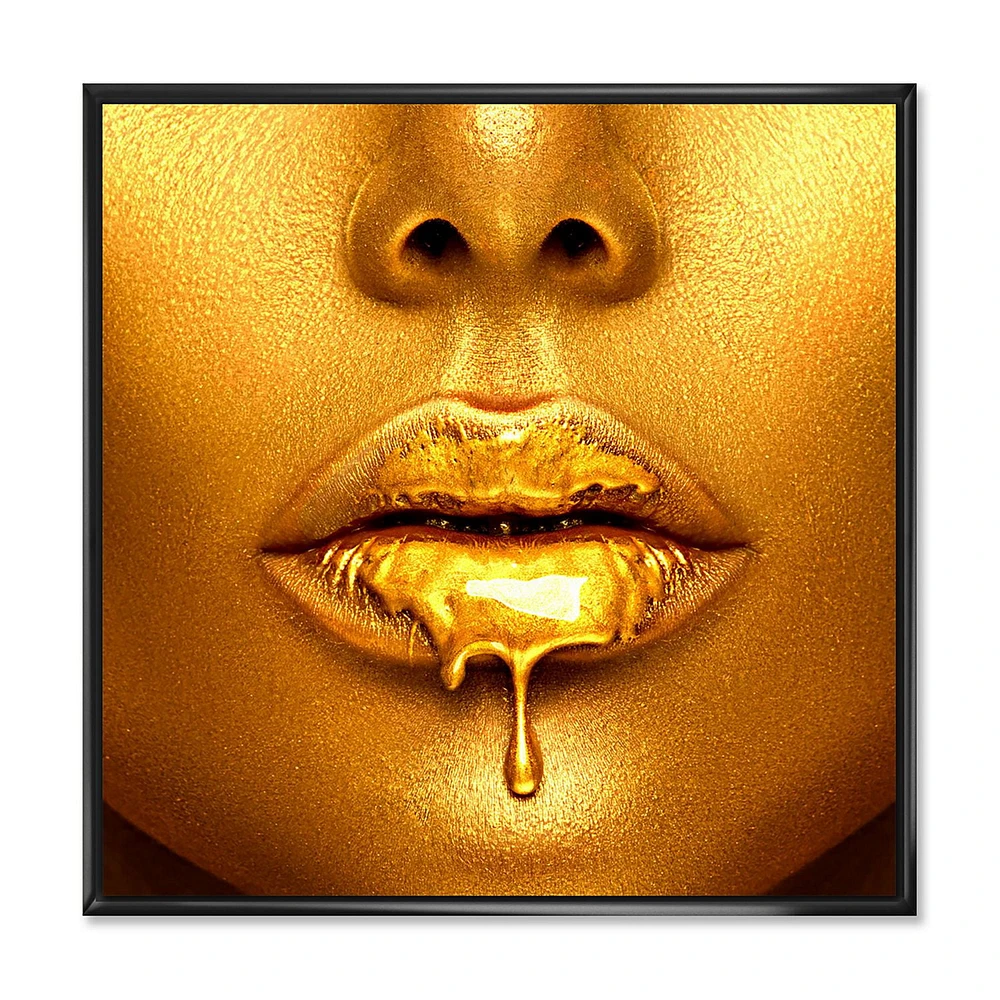 Designart Gold Paint Drips From Sexy Woman Lips FLOAT FRAME WALL ART